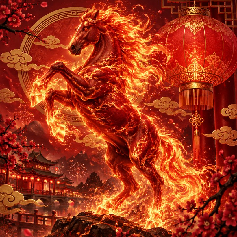 A fiery horse rearing in a Chinese New Year scene of lanterns, a temple, and plum blossoms
