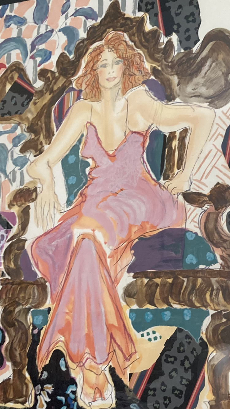 A voluptuous confident woman with fiery red hair seated regally on her ornate throne