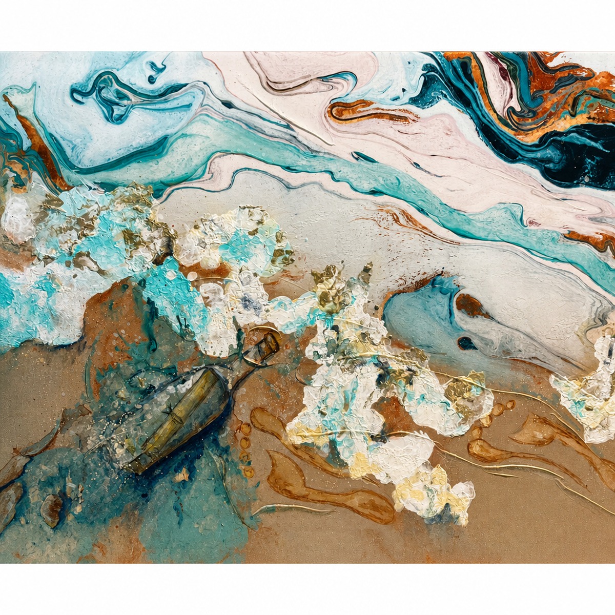 Teal water swirls meeting a pale shore &mdash; original artwork by Debbie Ables