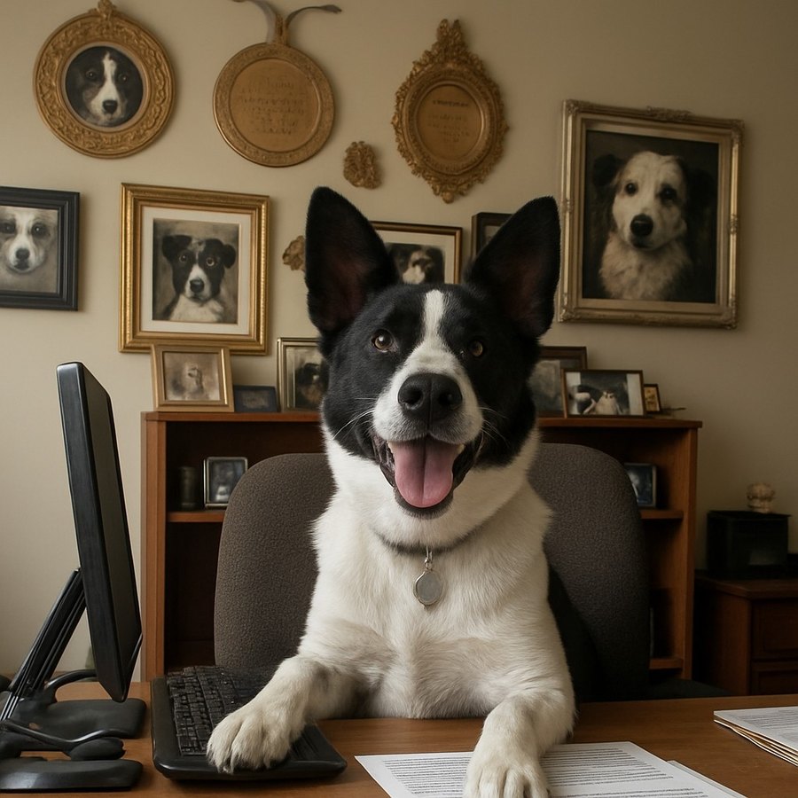 Maggie the Border Collie sitting up at the office desk