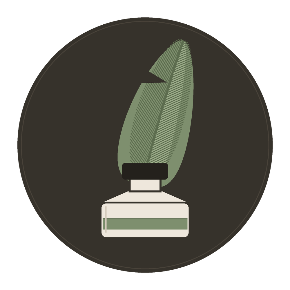 Words Of Women emblem — a green feather quill standing in a bottle of ink inside a dark charcoal circle